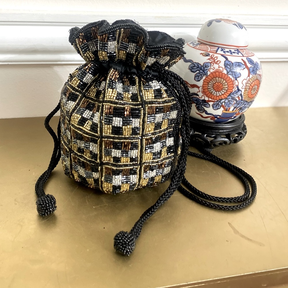 Black and gold Beaded Drawstring Purse